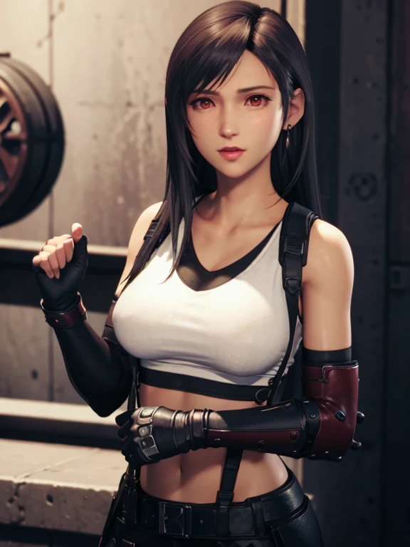 tifa lockhart,final fantasy vii,3d,black hair,breasts,earrings,exhibitionism,femalegauntlets,gloves,jewelry,long hair,looking at viewer,nipples,no panties,pussy,red eyes,solo, 4k, highly detailed