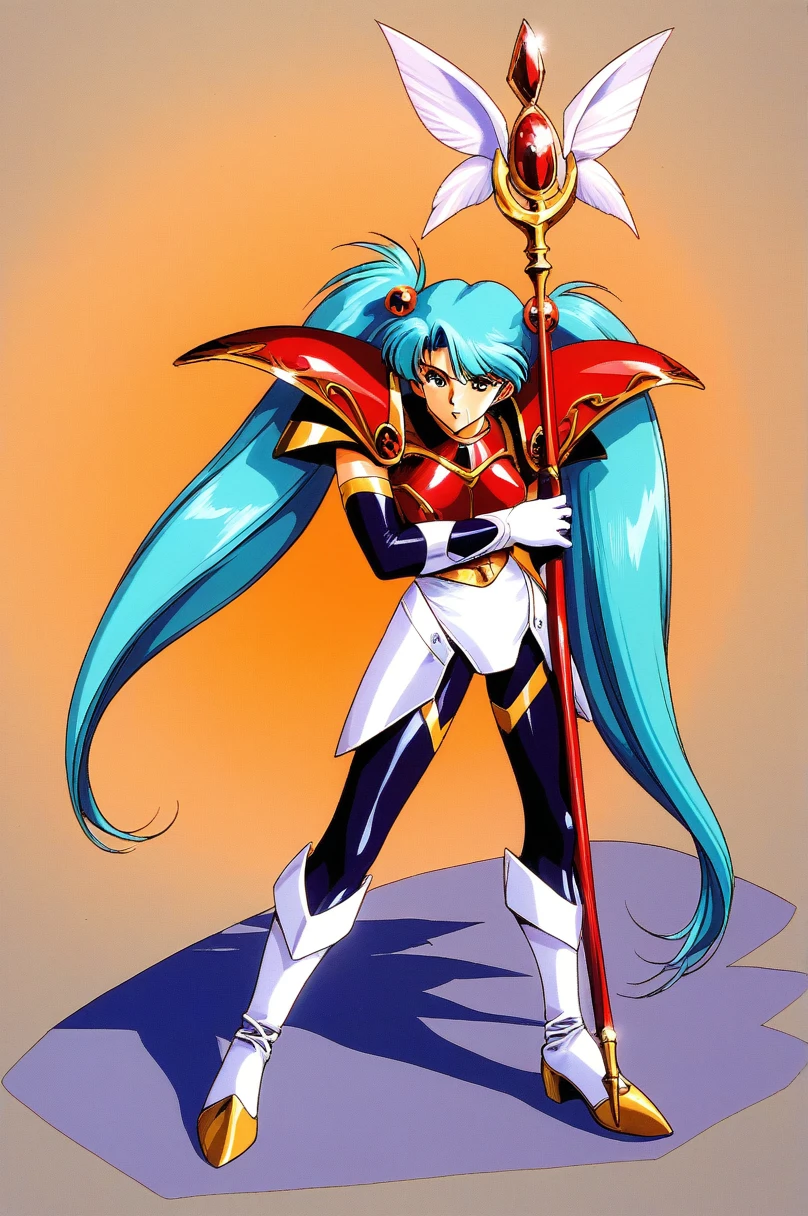 One girl,alone,gloves,Twin tails,elbow gloves,armor,Long Hair,Holding,1990s (style),shoulder armor,hair ornaments,retro artstyle,Blue Hair,Scapula,staff,Hair ties,Aqua Hair,View Viewer,bangs,Holding staff,Shiny,boots,Previous versions,score_9,score_8_superior,