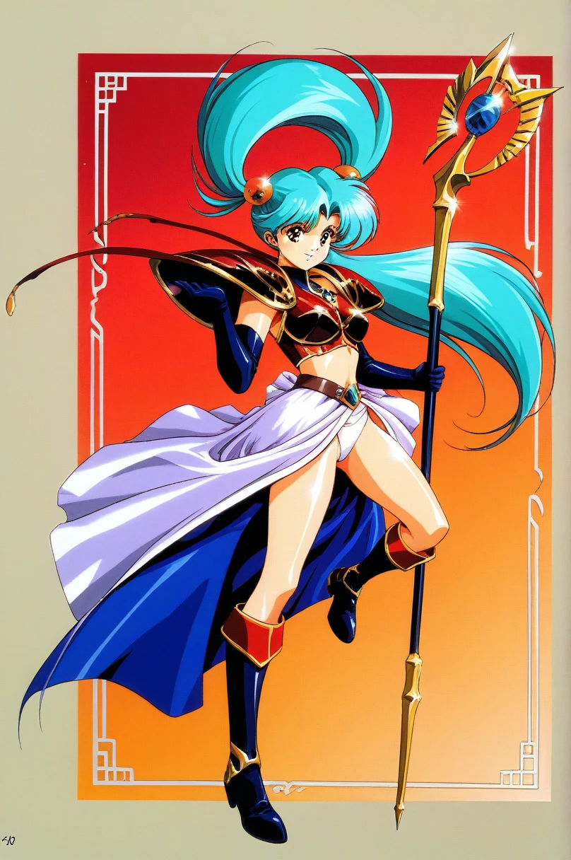 One girl,alone,gloves,Twin tails,elbow gloves,armor,Long Hair,Holding,1990s (style),shoulder armor,hair ornaments,retro artstyle,Blue Hair,Scapula,staff,Hair ties,Aqua Hair,View Viewer,bangs,Holding staff,Shiny,boots,Previous versions,score_9,score_8_superior,