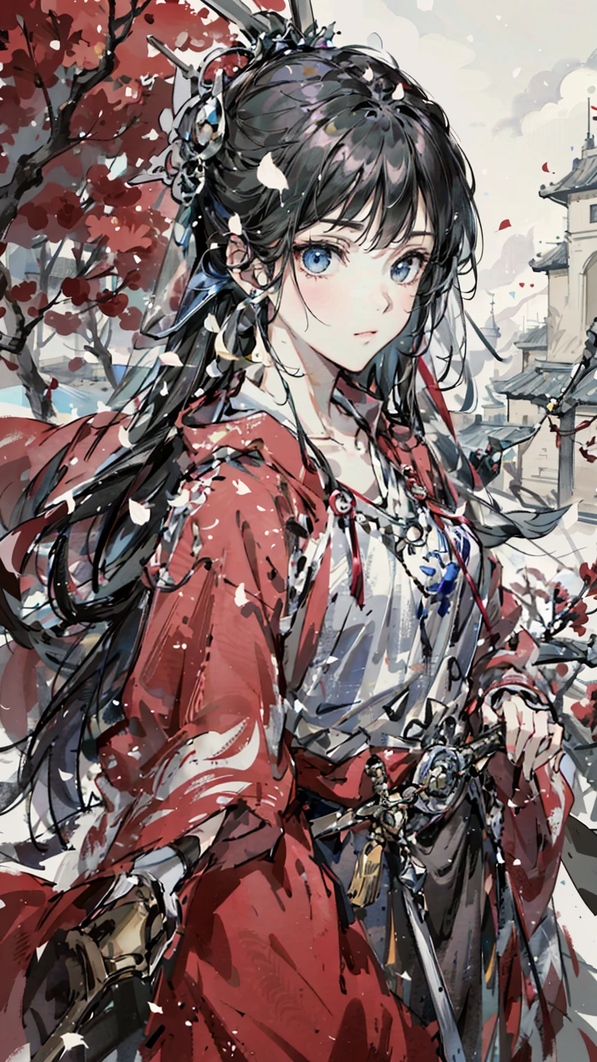 A painting of a woman wearing a veil and a sword, Beautiful character painting, Guviz, Guviz-style artwork, Guweiz in Pixiv ArtStation, Guweiz on ArtStation Pixiv, a beautiful anime portrait, Beautiful anime woman, guweiz masterpiece, style of anime4 K, Palace , A girl in Hanfu,Sword in hand