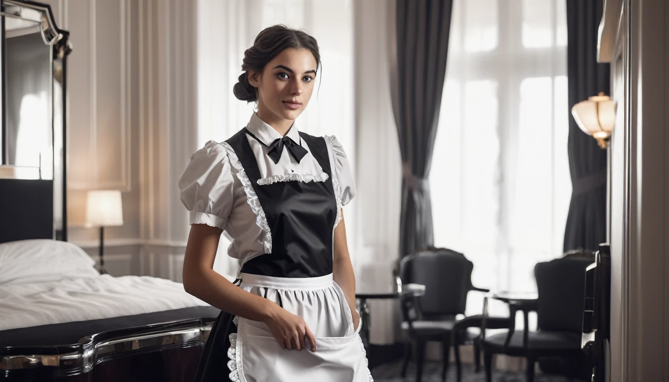 Realistic portrait of a 25-year-old French maid working in a hotel, wearing a classic black and white maid uniform with a neat apron, standing in a well-kept hotel room with elegant decor, cinematic composition, trending on Artstation