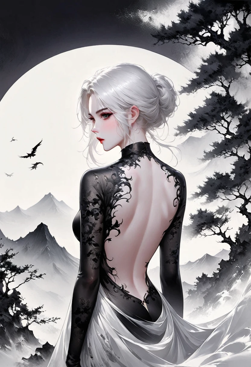 (Lots of white space:1.5),(Lots of white space around:1.6), White background, simple, Minimalism, abstract,Freehand,Aesthetic,black and white,Ink Painting,antiquity,a mountain,一个远处的旗袍Back,(Back:1.7),A beautiful artistic illustration, author:Li Song, Arte no estilo de Guweiz, arte shin jinyoung, Obra-prima de Guweiz, Ross chart 1. 0, Beautiful digital illustrations, Inspired by non-WLOP, Cute and cute digital art, jingna zhang, Guweiz, Stunning digital illustrations