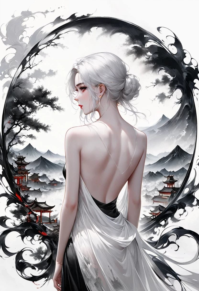 (Lots of white space:1.5),(Lots of white space around:1.6), White background, simple, Minimalism, abstract,Freehand,Aesthetic,black and white,Ink Painting,antiquity,a mountain,一个远处的旗袍Back,(Back:1.7),A beautiful artistic illustration, author:Li Song, Arte no estilo de Guweiz, arte shin jinyoung, Obra-prima de Guweiz, Ross chart 1. 0, Beautiful digital illustrations, Inspired by non-WLOP, Cute and cute digital art, jingna zhang, Guweiz, Stunning digital illustrations