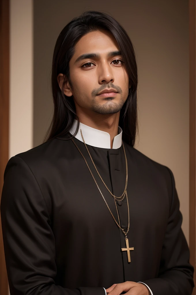 a brown man, brown eyes straight hair, wearing a black outfit, similar to a priest's cassock, which starts at the neck and ends at the heel. Clothing covers the entire arm. There are also leather gloves on both hands, having on his right hand a gold ring with an emerald stone. He wears black dress shoes.