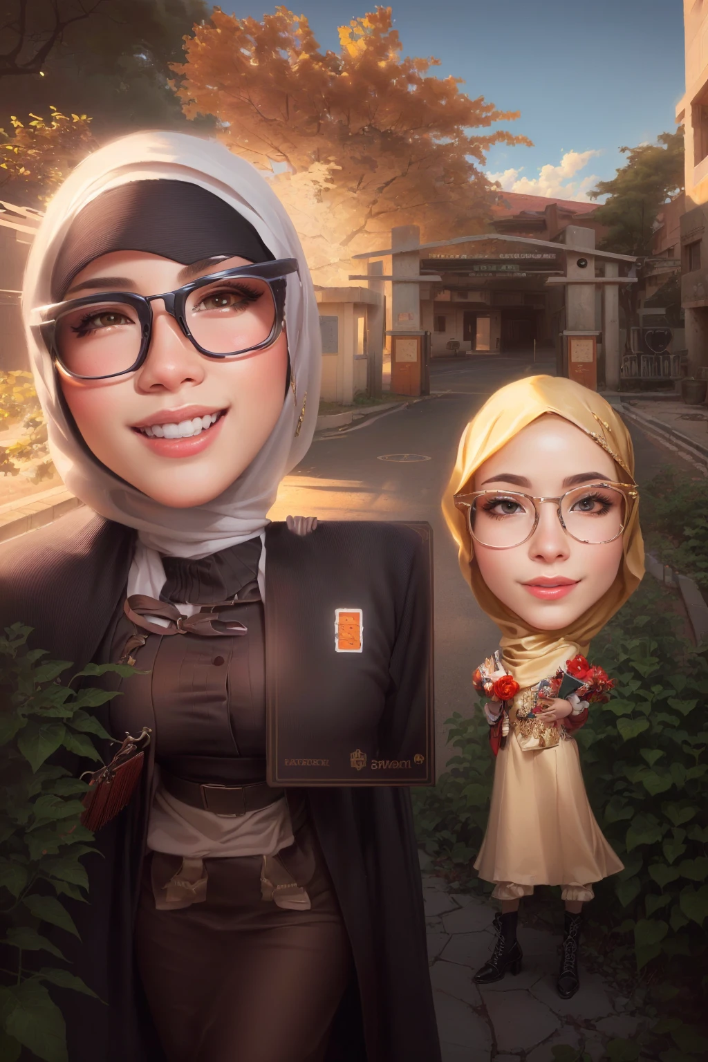cartoon of a woman and a girl holding a big card, Wearing hijab,A school gate building with a tree in front of it, Beautiful sky, full protrait, potrait, caricature illustration, inspired by JoWOnder, wide portrait, protrait, digital art cartoon, realism artstyle, caricature, caricature style, caricature!!!, cartoon artstyle, by Abidin Dino, chibi, realism art, scandy and arender