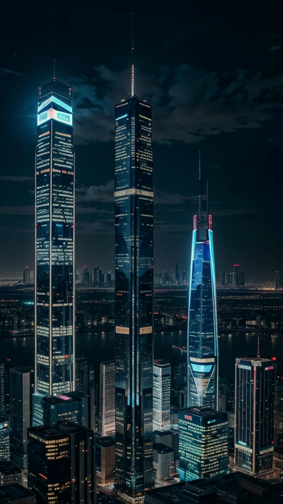 futuristic building, cyberpunk, tallest building, sky view, neon light from building, night time, 8k quality, masterpiece, no one