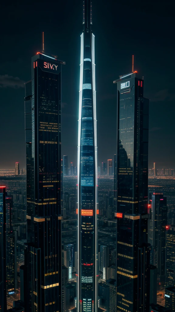 futuristic building, cyberpunk, tallest building, sky view, neon light from building, night time, 8k quality, masterpiece, no one