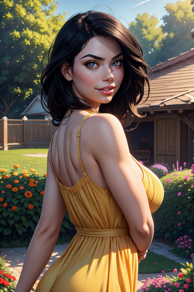 Adorable, Woman,big-eyed woman, round face. promenent lips. Smileing,In the garden,Her hands are behind her...., , large ass, wearing a cute sun dress. Picture from the side,looking at the scenes, intense colors, Very valuable details, complex details, volumetric lighting, digital art, 8k, trending on Artstation, Clear focus, complex details, highly detail, Greg Rutkowski Big Eyes, high-resolution, Black hair. Miranda Cosgrove