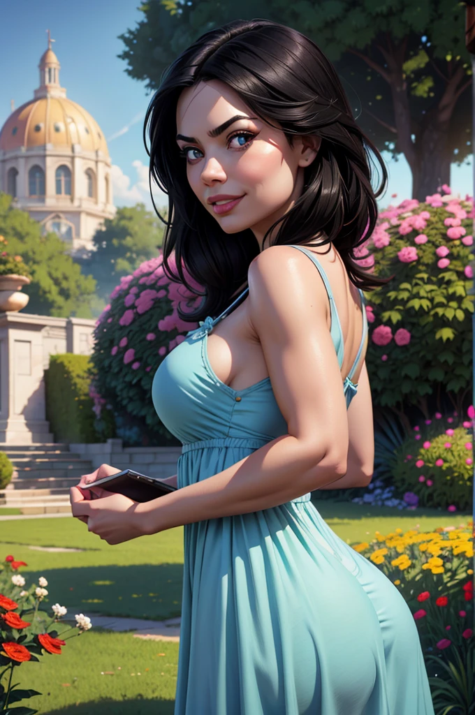 Adorable, Woman,big-eyed woman, round face. promenent lips. Smileing,In the garden,Her hands are behind her...., , large ass, wearing a cute sun dress. Picture from the side,looking at the scenes, intense colors, Very valuable details, complex details, volumetric lighting, digital art, 8k, trending on Artstation, Clear focus, complex details, highly detail, Greg Rutkowski Big Eyes, high-resolution, Black hair. Miranda Cosgrove