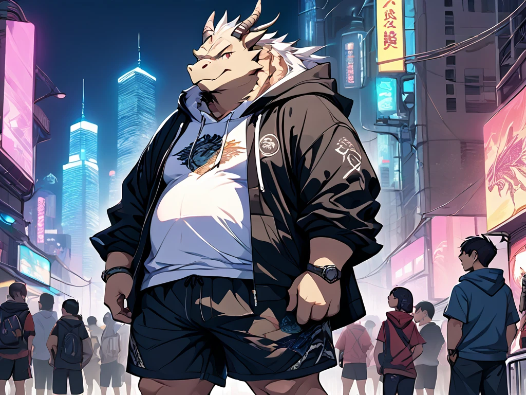 Dragon,male, old man, fetish chubby round belly, plump,yaoi, doujin,wearing stylish Hoodie, Shorts, cyberpunk big city, summer vibes, detail background, Looking at the audience ,out view scale, pixiv artwork,hd,4k, colour full, smooth lighting,Three point perspective ,, by chunie, by quanjiang,