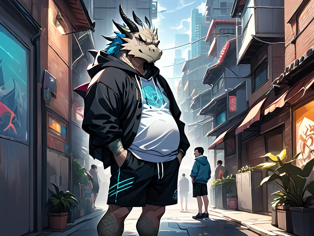 Dragon,male, old man, fetish chubby round belly, plump,yaoi, doujin,wearing stylish Hoodie, Shorts, cyberpunk big city, summer vibes, detail background, Looking at the audience ,out view scale, pixiv artwork,hd,4k, colour full, smooth lighting,Three point perspective ,, by chunie, by quanjiang,