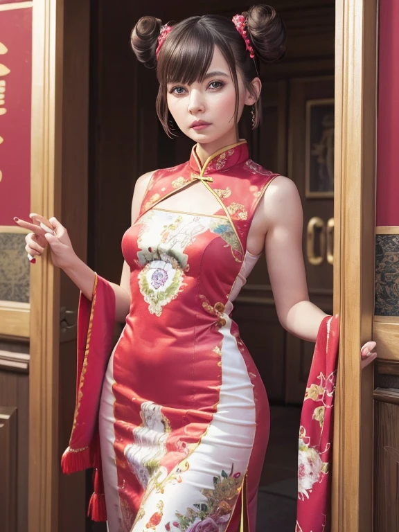 becky, (high quality, High resolution:1.2), (Realistic:1.4), (1 Girl:1), Traditional Chinese Dresses,  (Charming monkey:1), (((Double Buns))), Refer your audience, Lesbians all over, palace, corridor, ((Fringe cover)), Blunt bangs, Small breasts