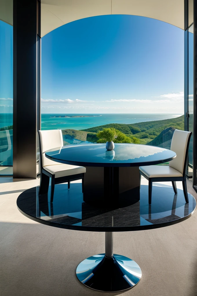 Futuristic dinning table with view of earth 
