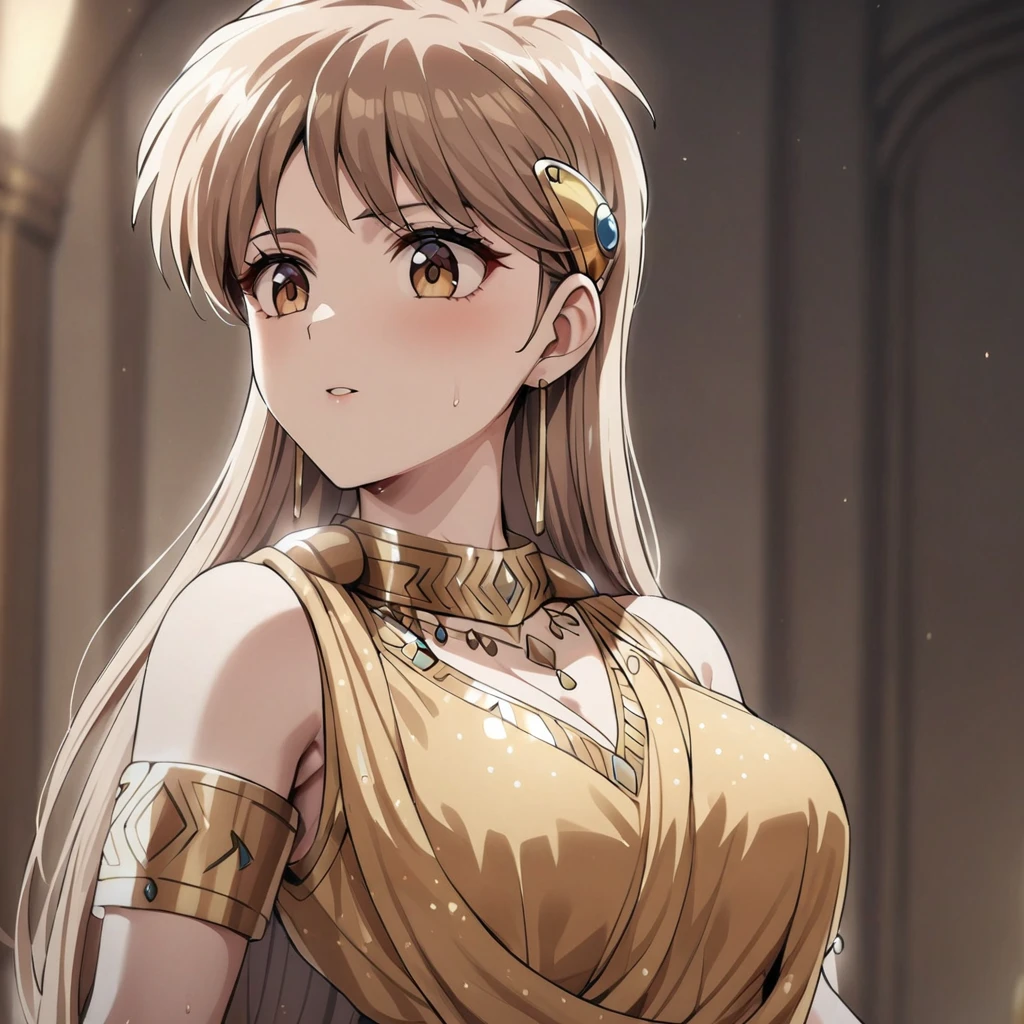 ((Highest quality)), ((masterpiece)), (detailed), （Perfect Face）、The woman is Princess Leona, with long light brown hair and wearing a gorgeous Indian traditional outfit including a sari.