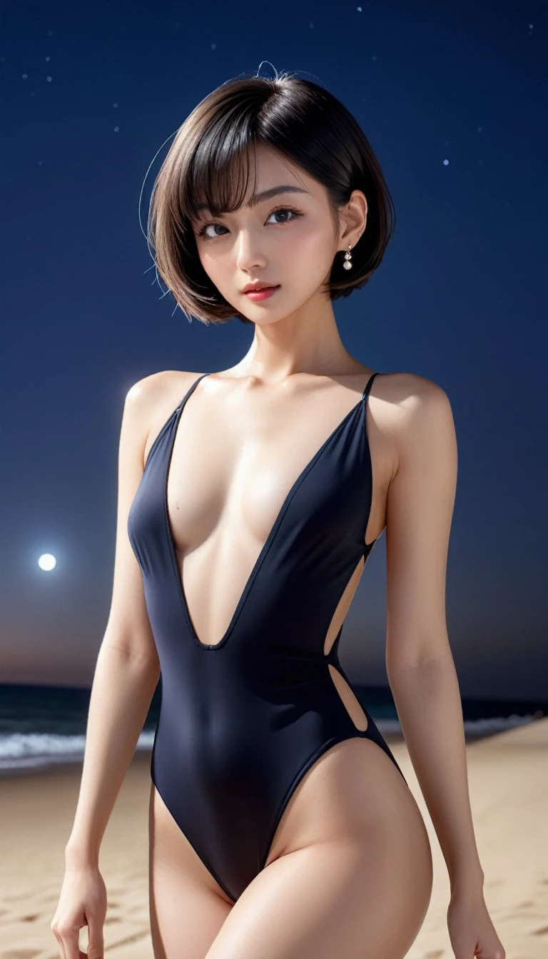 4K resolution, 8K resolution, beautiful, Highest quality, Absolutely wonderful, Very detailed, Ultra-high resolution, masterpiece,
1人のエレガントでbeautiful熟女,
Black Bob Cut Very Short Hair, 非常にbeautiful顔, Exquisitely detailed face, Glamorous Body,
Transparent white skin, Very detailedな肌, Ample breasts, Shapely ass, Firm thighs,
High leg swimsuit, Detailed cloth texture, Simple Earrings,
Night sky background, Dark sandy beach at night,