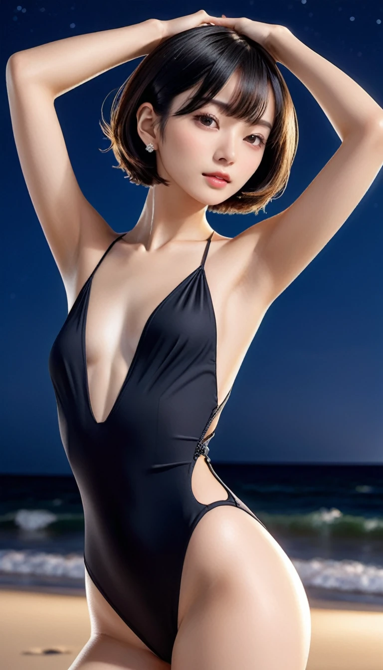 4K resolution, 8K resolution, beautiful, Highest quality, Absolutely wonderful, Very detailed, Ultra-high resolution, masterpiece, 
1人のエレガントでbeautiful熟女, 
Black Bob Cut Very Short Hair, 非常にbeautiful顔, Exquisitely detailed face, Glamorous Body, 
Transparent white skin, Very detailedな肌, Ample breasts, Shapely ass, Firm thighs, 
High leg swimsuit, Detailed cloth texture, Simple Earrings,  
Night sky background, Dark sandy beach at night, 