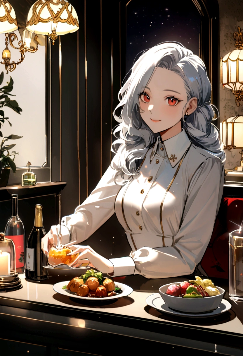 1 femme adulte, Cheveux longs, cheveux bouclés, cheveux teints en noir, peau douce, yeux bruns, sourire, végétation, Occasionnel, Vêtements de style femme d'affaires, Blaser marron clair, réaliste, avec fond dans un restaurant de luxe, 8k adversaire réaliste, Super détaillé et réaliste