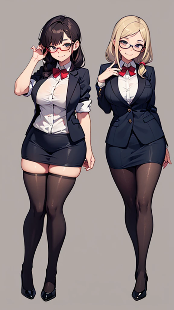 two sexy women, flirtatious smiles, various hairstyles, teacher outfits, glasses, no background, full body