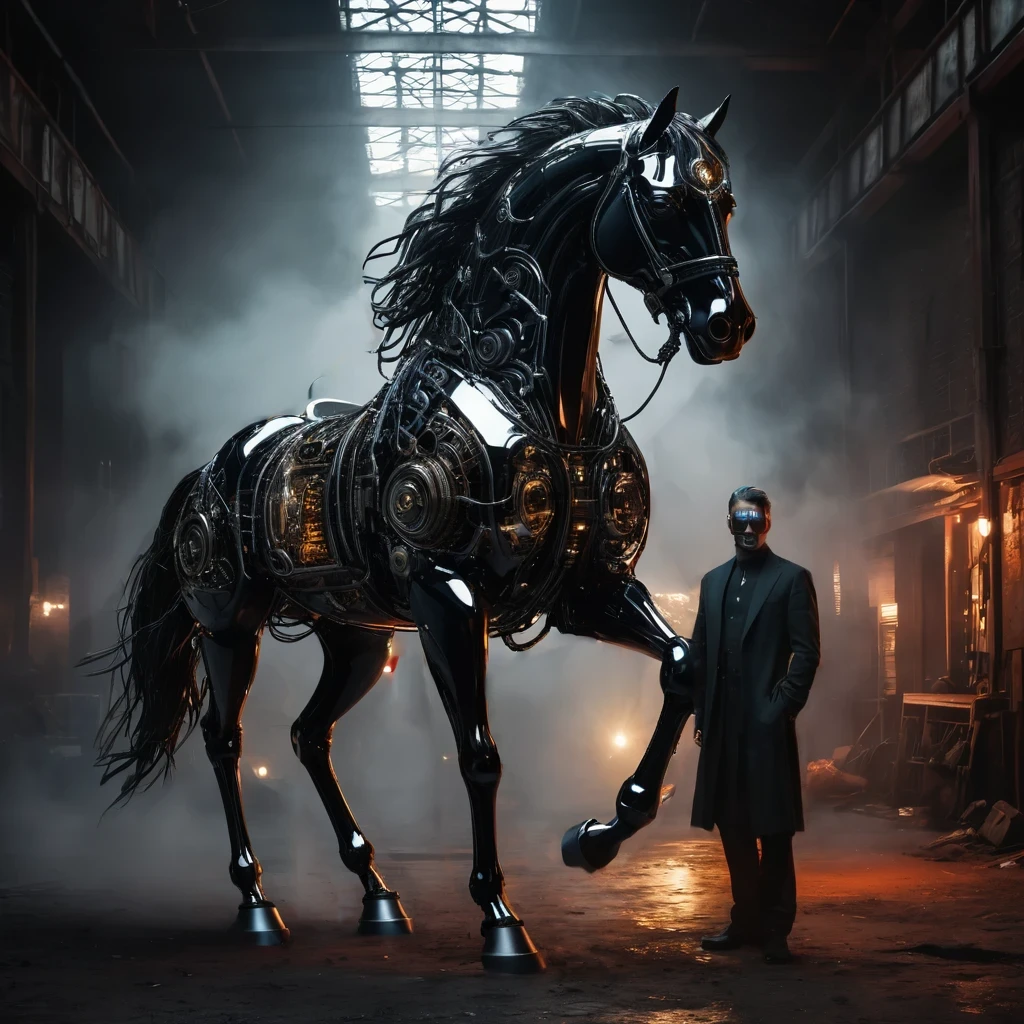 a cyborg man, featuring a black, metallic body constructed with advanced technology. His form is integrated with intricate wires, cables, screws, and visible gears, all seamlessly connected. His powerful frame exudes strength, showcasing components that use nuclear energy, emitting a faint, controlled glow