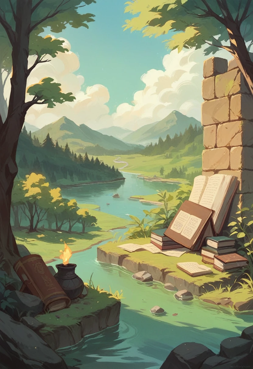 Landscape of a forest with a tree in the middle, a lake with a rock that has a book on top, a campfire with a wall of ancient stones