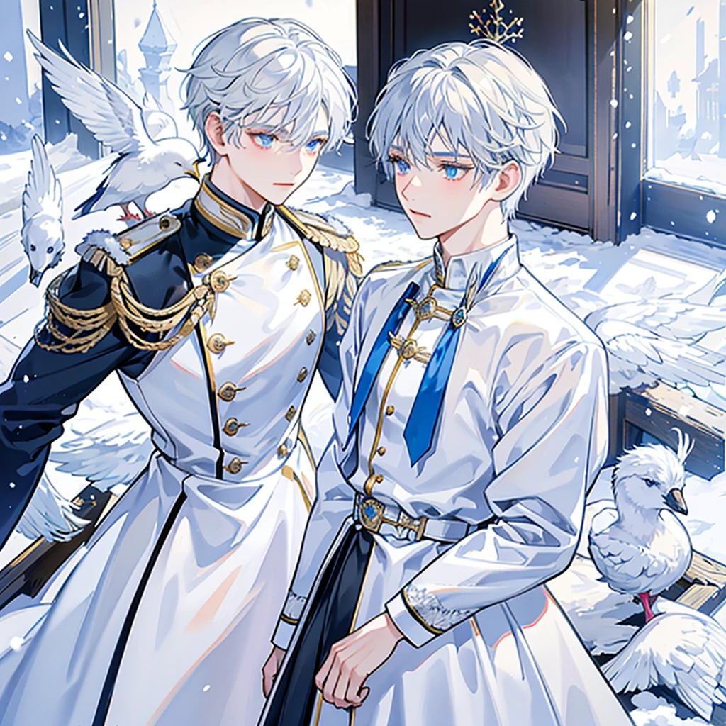 snow,snowflake,Snow Scene,Sunlight,alone,boy with short white hair,The clothes are mainly light blue with a little goose yellow,uniform,red badge,jewel-like blue eyes,White eyelashes,Thinking expression,Standing at attention and thinking