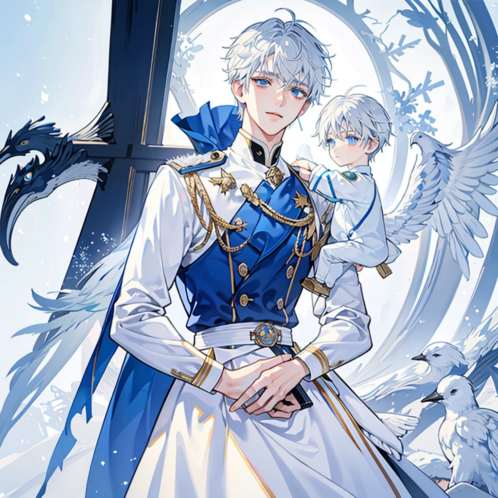 snow,snowflake,Snow Scene,Sunlight,alone,boy with short white hair,The clothes are mainly light blue with a little goose yellow,uniform,red badge,jewel-like blue eyes,White eyelashes,Thinking expression,Standing at attention and thinking