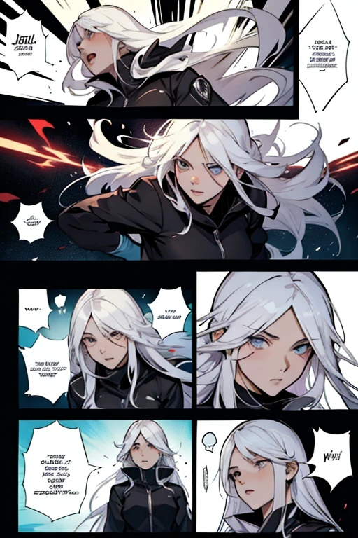 Girl with long white hair fighting for her life, manga page with panels and dialogue