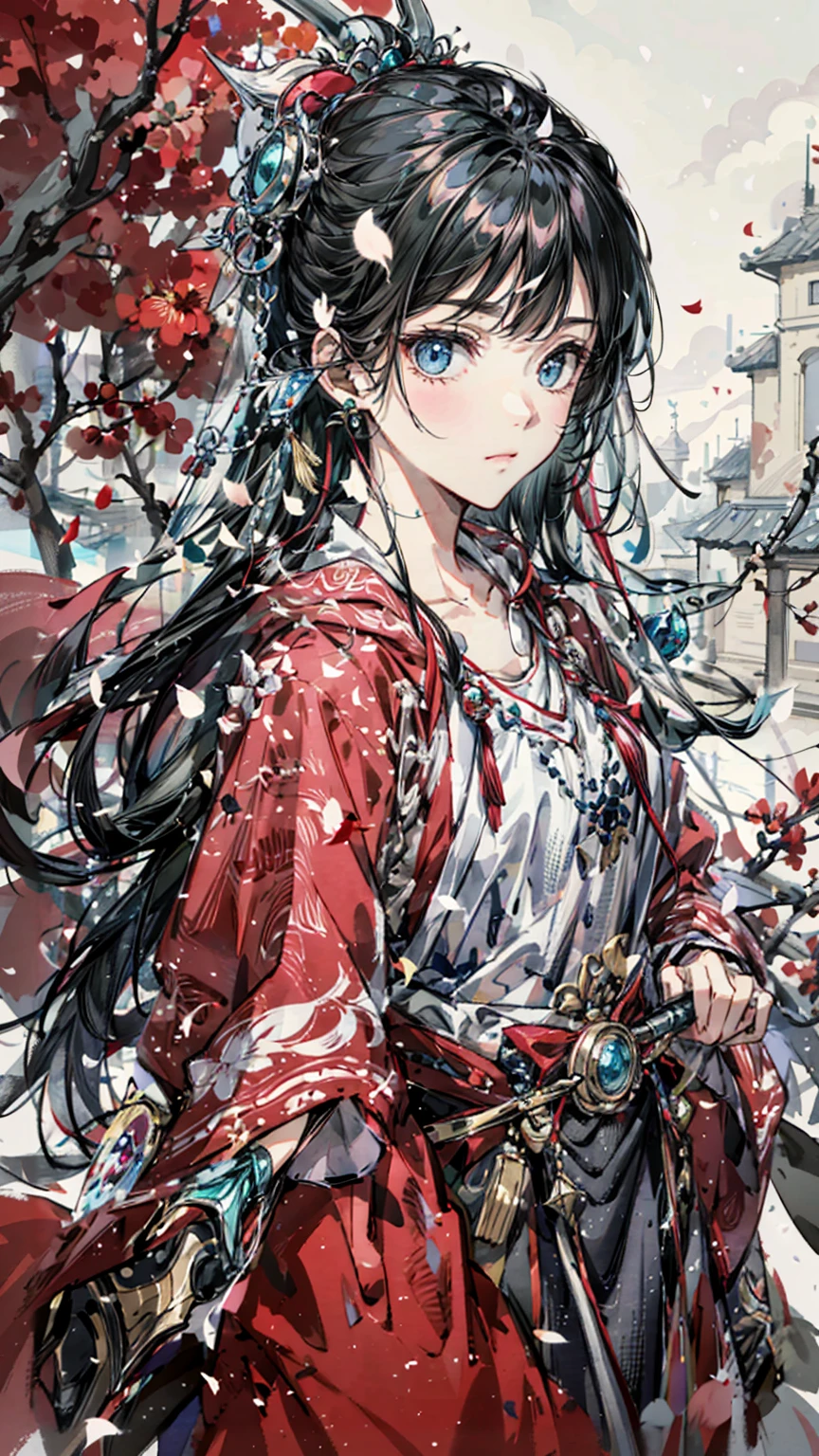 A painting of a woman wearing a veil and a sword, Beautiful character painting, Guviz, Guviz-style artwork, Guweiz in Pixiv ArtStation, Guweiz on ArtStation Pixiv, a beautiful anime portrait, Beautiful anime woman, guweiz masterpiece, style of anime4 K, Palace ， A girl in Hanfu，Sword in hand