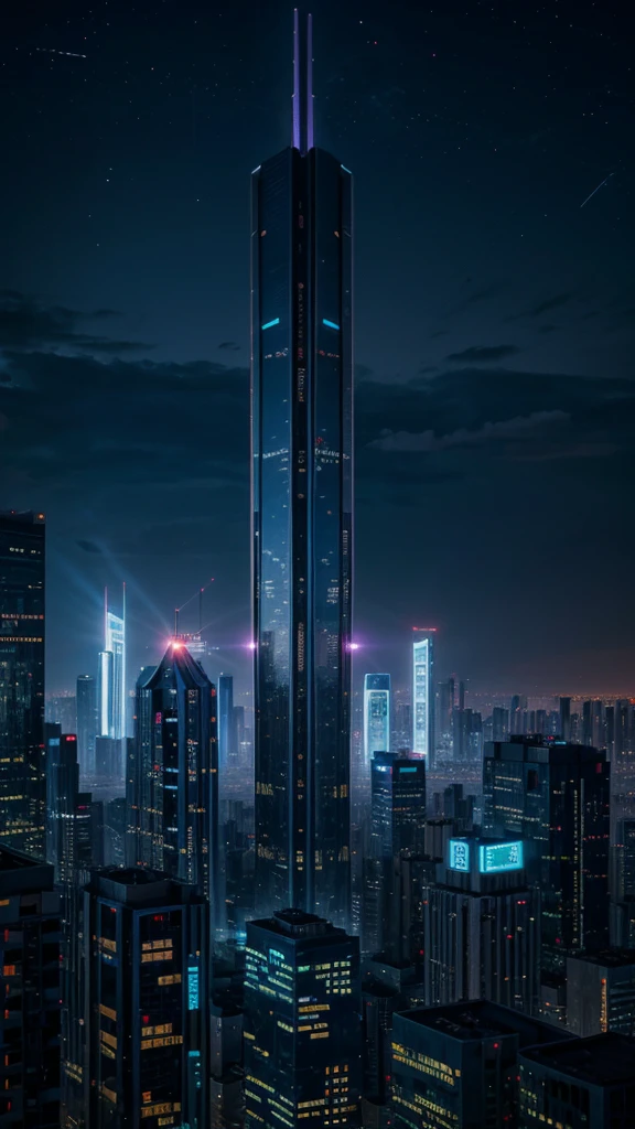 futuristic building, cyberpunk, tallest building, sky view, neon light blue and purple from building, night time, 8k quality, masterpiece, no one