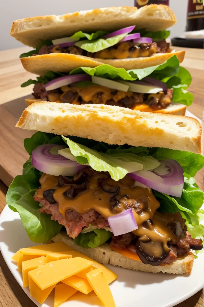 Snack with plenty of chilled meat, mushroom, cheddar cheese, onion and lettuce 