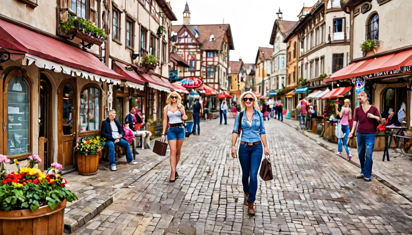 Femme 27 ans habillé avec un style casual , poitrine moyenne , brune , yeux verts , fesses dessinées , lunettes rondes , en plein centre ville cheveux mi-long