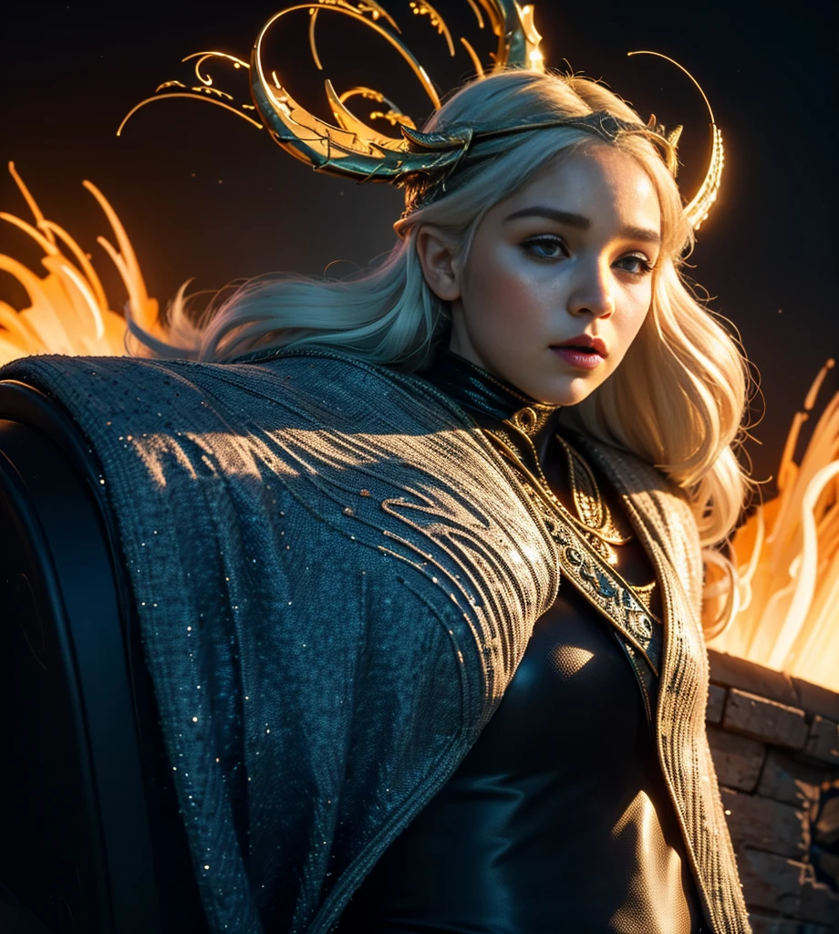Generate an image of a sexy and serious Daenerys Targaryen with a spectacular body in a scenario that mixes future and medieval aesthetics, com um castelo high tech ao fundo, noite, arte hiperrealista em 4k, noite, lua cheia gigante e aurora boreal, a dragon in the background breathing fire, Daenerys with serious expression