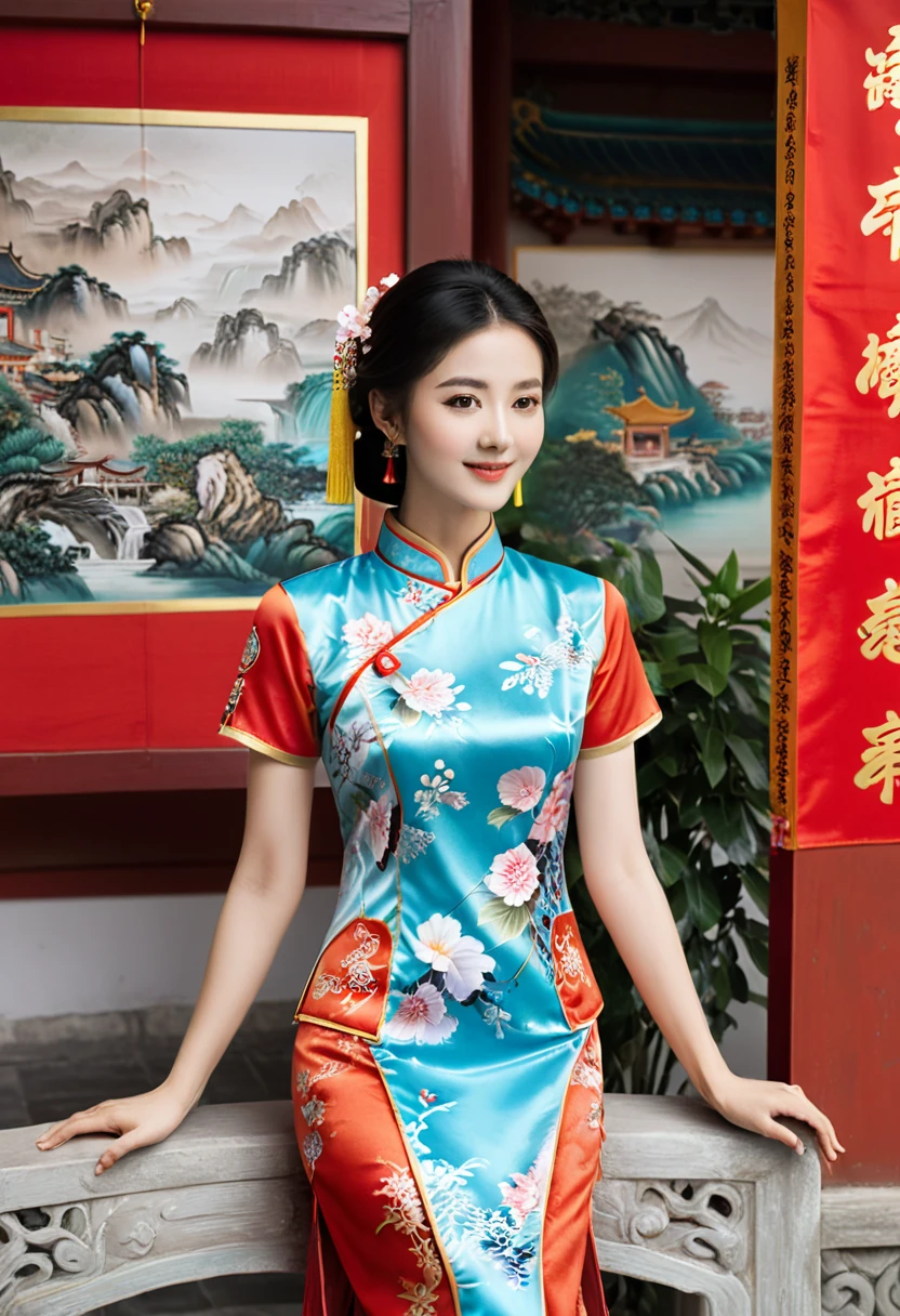 photography. A woman participates in international cultural activities, wearing a qipao as a representative of China. She shares the story and beauty of the qipao with people from all over the world. The background is the enthusiasm and friendly environment of international friends, and close-up shots show the girl's qipao and story as the main subject of the painting. The qipao is an important symbol of Chinese culture, (masterpiece, best quality, Professional, perfect composition, very aesthetic, absurdres, ultra-detailed, intricate details:1.3)