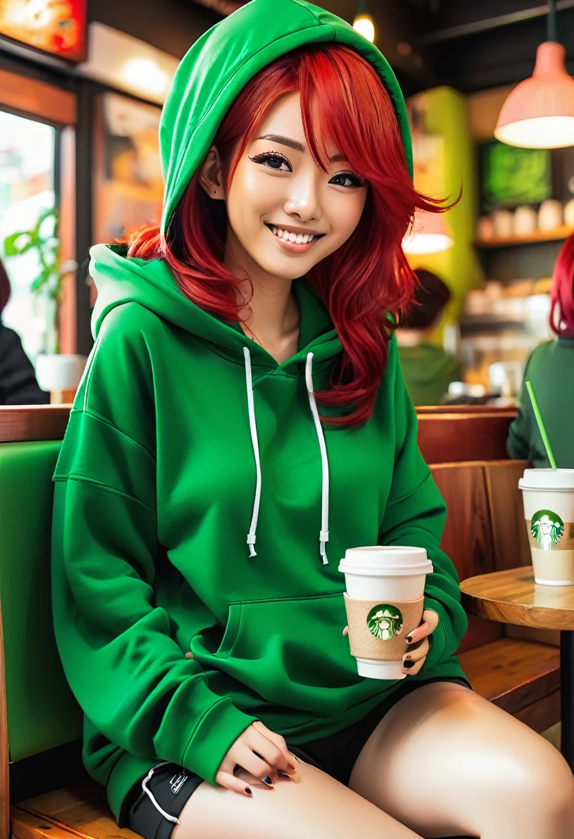 Pretty asian woman, bright red hair, black shorts and a green hoodie, cute, sitting in a big chair. Anime style, coffee shop environment, pretty smile