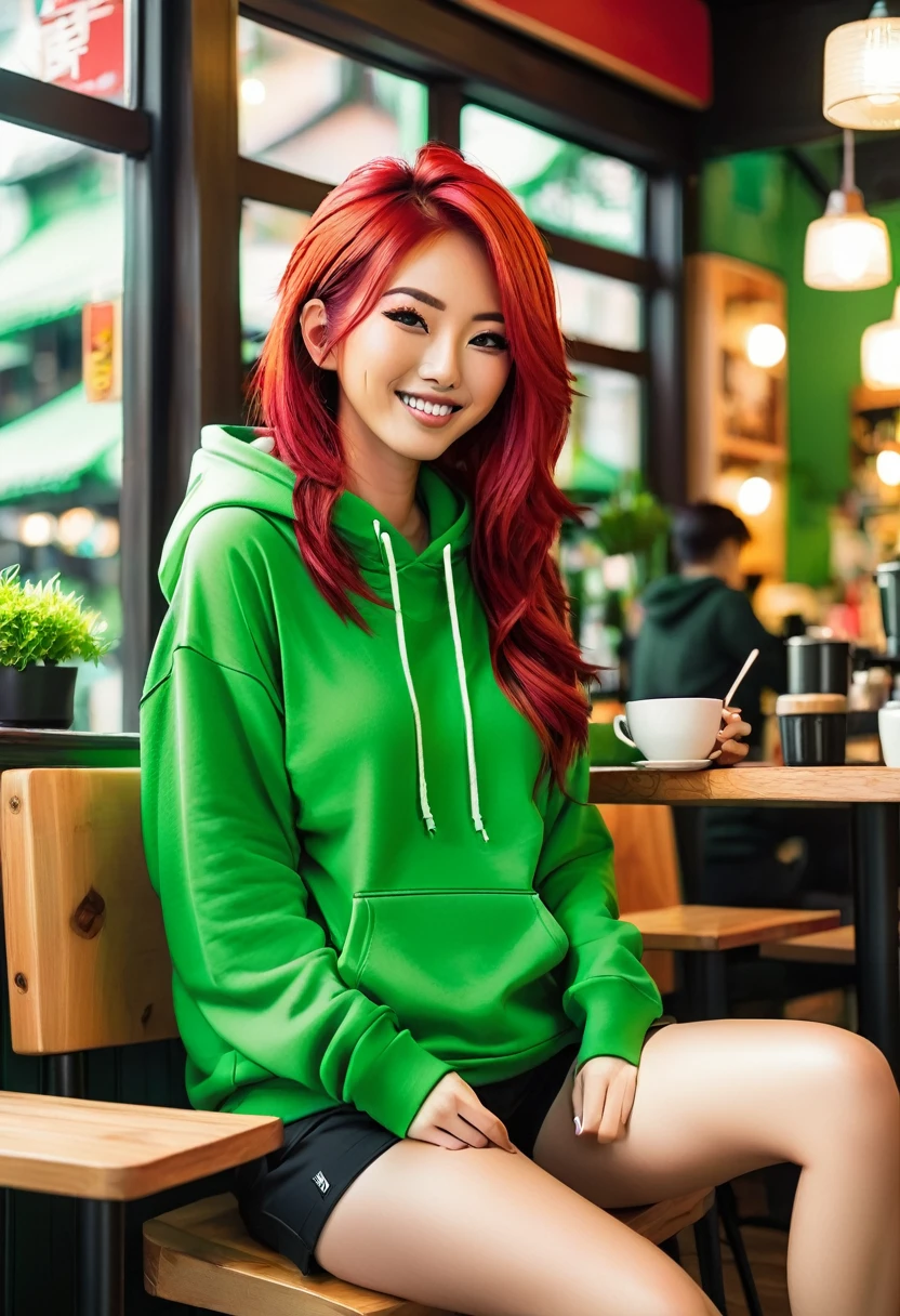 Pretty asian woman, bright red hair, black shorts and a green hoodie, cute, sitting in a big chair. Anime style, coffee shop environment, pretty smile