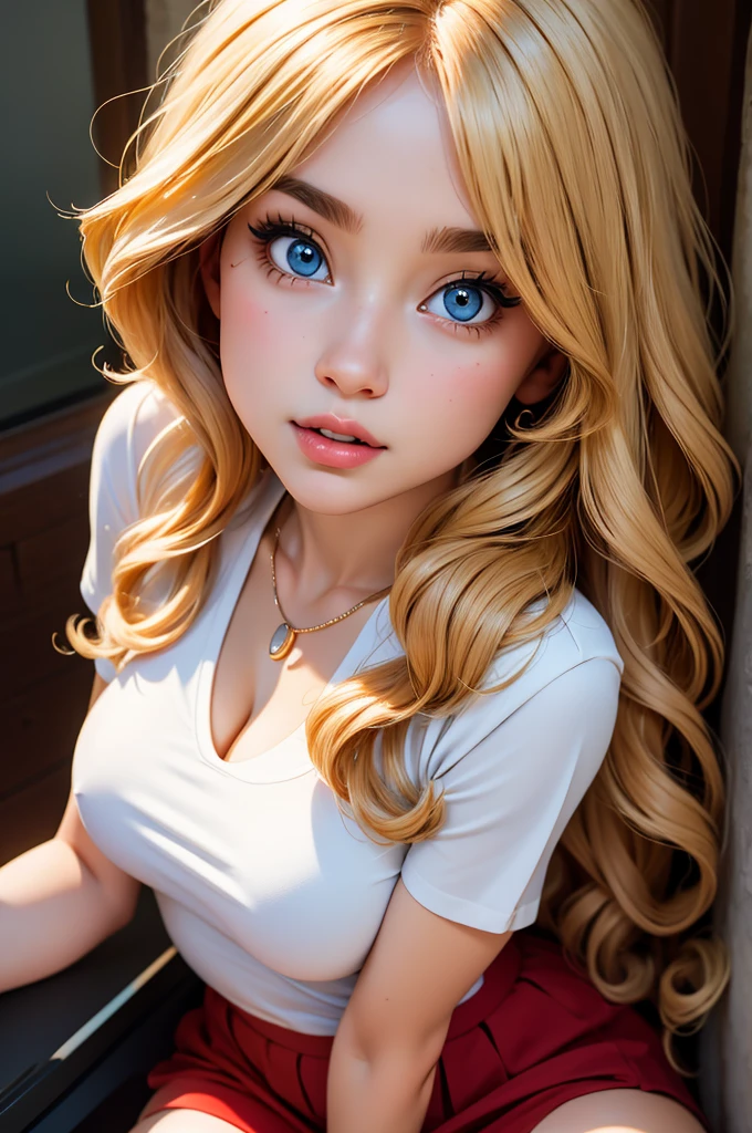 (Masterpiece, Professional lighting, 16k, 8k wallpaper, raw photo, photorealistic:1.8, ultra detailed, , slightly wide angle lens, natural  lighting, detailed skin, detailed face, detailed eyes), 1 beautiful girl, selfie shot from above, full body image , long curly blond hair with bangs,  necklace, blue eyes, sexy gaze inviting look, white top short red skirt