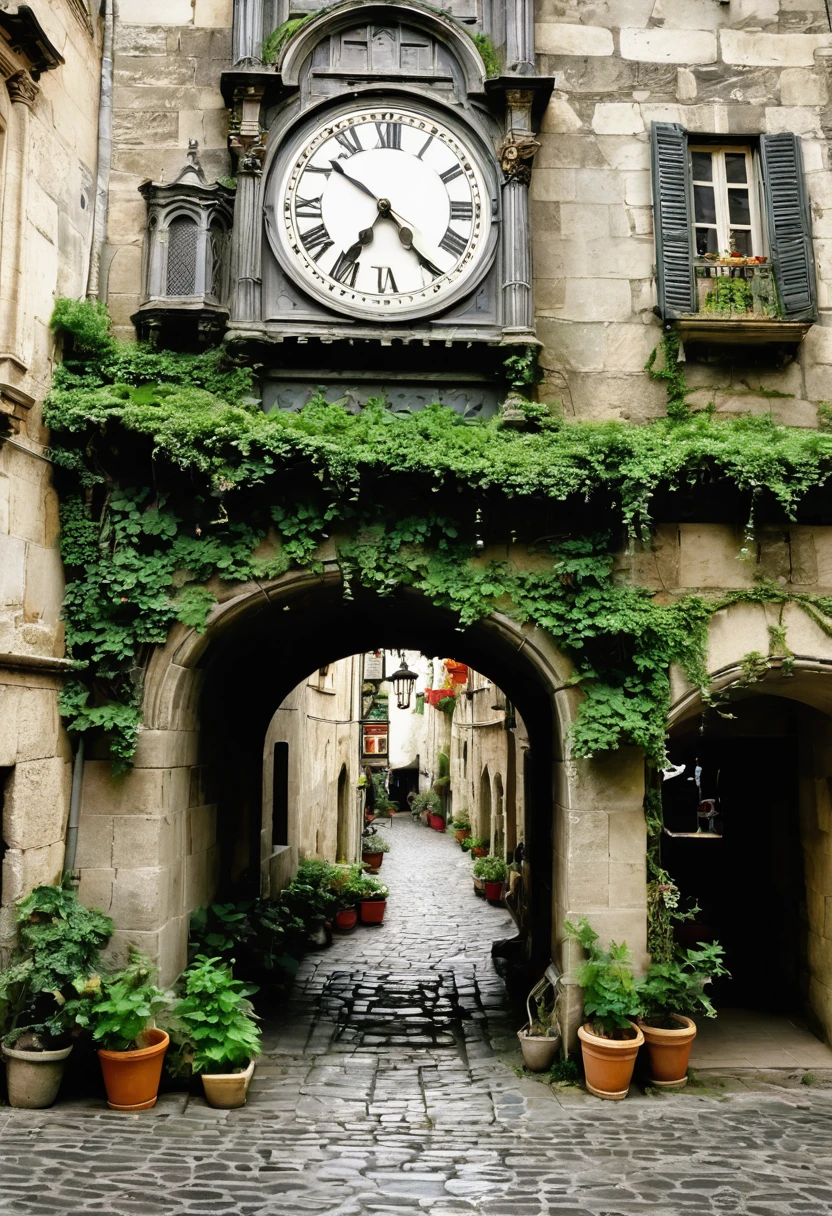 Imagine a medieval city enveloped in an atmosphere of laziness, where time seems to have stopped in a perpetual lethargy. Its cobbled streets are adorned with ancient grayish stone buildings, whose facades are covered with lazy vines that cling to the walls as if resisting any attempt at change or movement.

The inhabitants of this city walk with slow and heavy steps, as if they were dragging the weight of centuries of history weighing on their shoulders. Their clothes, of dull and worn tones, they reflect a life in which time passes without rush, where every movement is imbued with an almost excessive calm.

In the central square, an old tower clock, whose hands seem to move as slowly as the rest of the city, marks the hours with a low and solemn sound that resonates among the ancient stones. Around it, The markets display their products with an almost hypnotic serenity, as if each seller were more interested in watching the sun go by than in selling their wares.

The gardens, neglected but overflowing with vegetation, They stretch along the city walls, where the flowers grow in a state of lovely looseness, as if they wanted to stay in their floral dream forever.

On top of a hill, the feudal lord&#39;s castle stands majestically but equally peaceful, with its battlements that seem to doze under the midday sun. From there, The view of the city offers a panorama of sloping roofs and chimneys that barely let out the smoke of the bonfires that burn with resigned calm..

This medieval city, wrapped in her cloak of laziness, seems to challenge the modern world with its slow pace and its inhabitants who value contemplation over action, where every day becomes a pause in history, a sigh that lasts forever in time. ((aerial view)) ((full city))