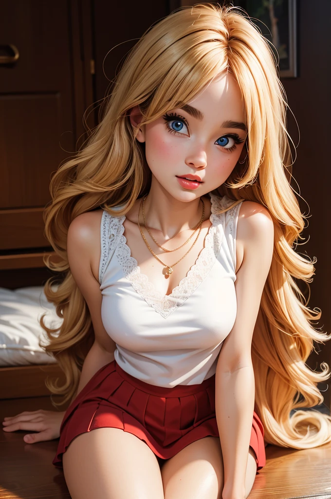 (Masterpiece, Professional lighting, 16k, 8k wallpaper, raw photo, photorealistic:1.8, ultra detailed, , slightly wide angle lens, natural lighting, detailed skin, detailed face, detailed eyes), 1 beautiful girl, selfie shot from above, full body image , long curly blond hair with bangs, necklace, blue eyes, sexy gaze inviting look, white top short red skirt