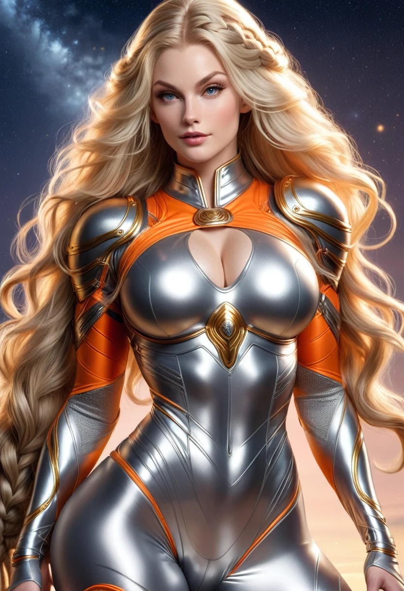 BOMBSHELL BLONDE VALKYRIE, PALE SKIN, LIGHT GRAY EYES, HIGH CHEEKBONES, ROSY CHEEKS, MENTAL FORAMEN, HUGE LONG HAIR, DOUBLE BRAIDED HAIR, GOLD THONG LEOTARD ARMOUR, LONG SLEEVES, SILVER UNDER BODYSUIT, ORANGE NECK BODYSUIT, LONG SILVER GAUNTLETS, ATHLETIC CURVY BODY, DETAILED QUADRICEPS, MUSCLES, SIDE BODY VIEW, FULL BODY PERSPECTIVE, SPRITE LIGHTINGS, NIGHT SKY, ACCURATE IMAGE, MASTERPIECE.