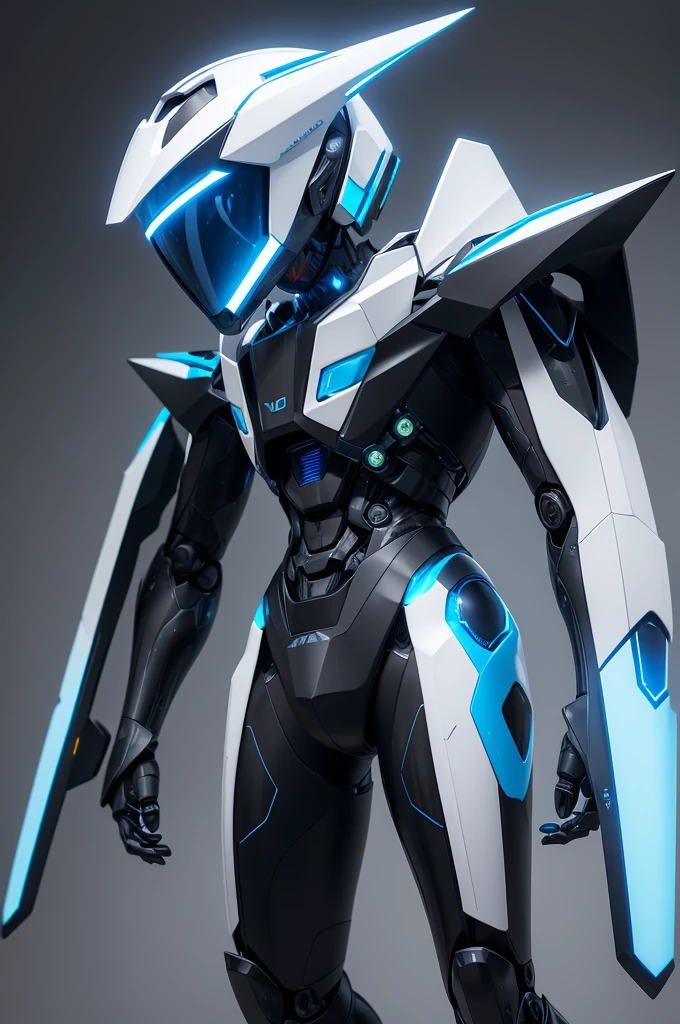 robotic and aerodynamic shape, inspired by high-tech design. Its body is predominantly silver with electric blue details., which glow brightly when the stand is activated. The head is angular and similar to a futuristic helmet, with a visor that emits a soft light. Its structure is slender and agile, with elegant lines that suggest constant movement.different shades of black