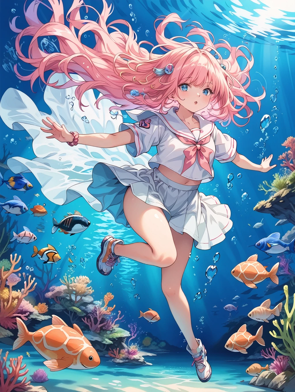 score_9, score_8_up, score_7_up, source_anime, masterpiece, best quality, high resolution, extremely detailed CG, absurdres, 1girl, solo, Full body, undersea environment, soft sunlight, Colorful tropical fish, Big sea turtle, underwater scene, underwater environment, deep underwater scene, underwater ocean, underwater landscape, ocean floor, underwater landscape, underwater background, Light in the water, under water scenery, reefs, coral sea bottom, reefs, Swimming, (gradation hair:1.1) , sailor suit