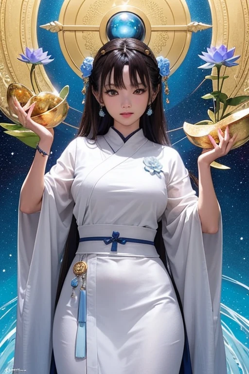 deusa kuan yin, white clothing with blue details, branch lotus flower, galaxy, stele, firmament