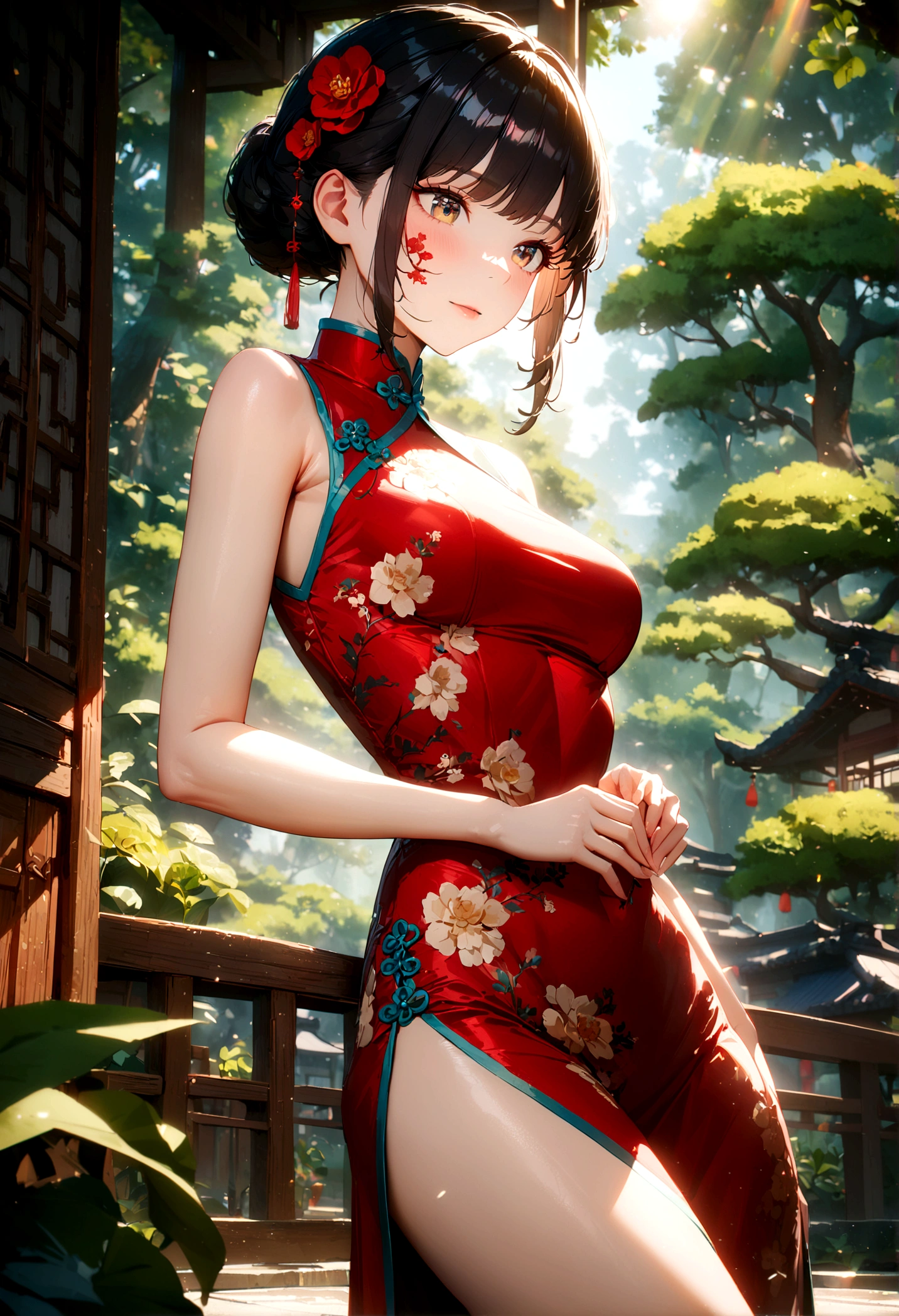 1girl, Cheongsam, Qipao, A woman wearing a beautiful red cheongsam, long black hair, elegant, graceful pose, detailed facial features, glowing skin, ornate jewelry, outdoor garden setting, sunlight filtering through trees, lush greenery, intricate floral patterns, cinematic lighting, highly detailed, 8k, masterpiece, best quality, very aesthetic, absurdres