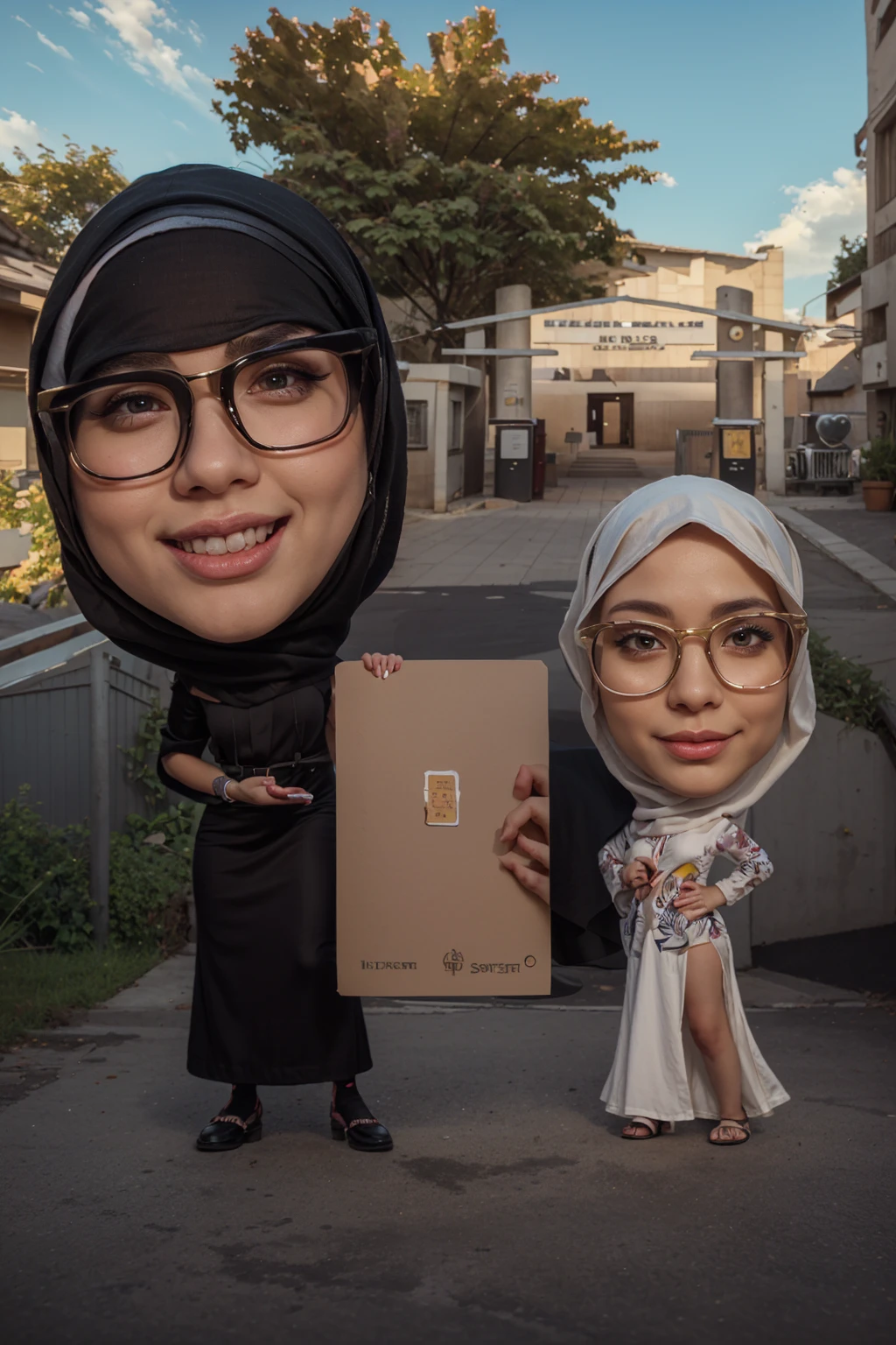 cartoon of a woman and a girl holding a big card, Wearing hijab,A school gate building with a tree in front of it, Beautiful sky, full protrait, potrait, caricature illustration, inspired by JoWOnder, wide portrait, protrait, digital art cartoon, realism artstyle, caricature, caricature style, caricature!!!, cartoon artstyle, by Abidin Dino, chibi, realism art, scandy and arender