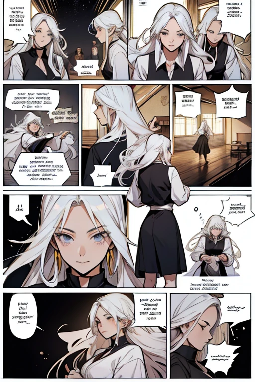 Girl with long white hair dancing, manga page with panels and dialogue 