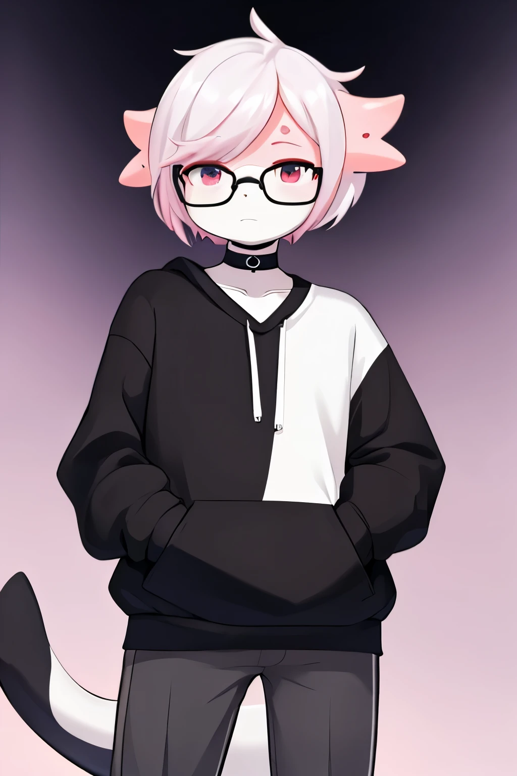an axolotl, but with the color palette of an orca and very feminine and with hair (offwhite) short if possible make his tail appear in the background of the image with the tail of an orca. His clothes will be a basic black sweatshirt open with a simple white t-shirt and he wears thin round black glasses with a white choker.. 