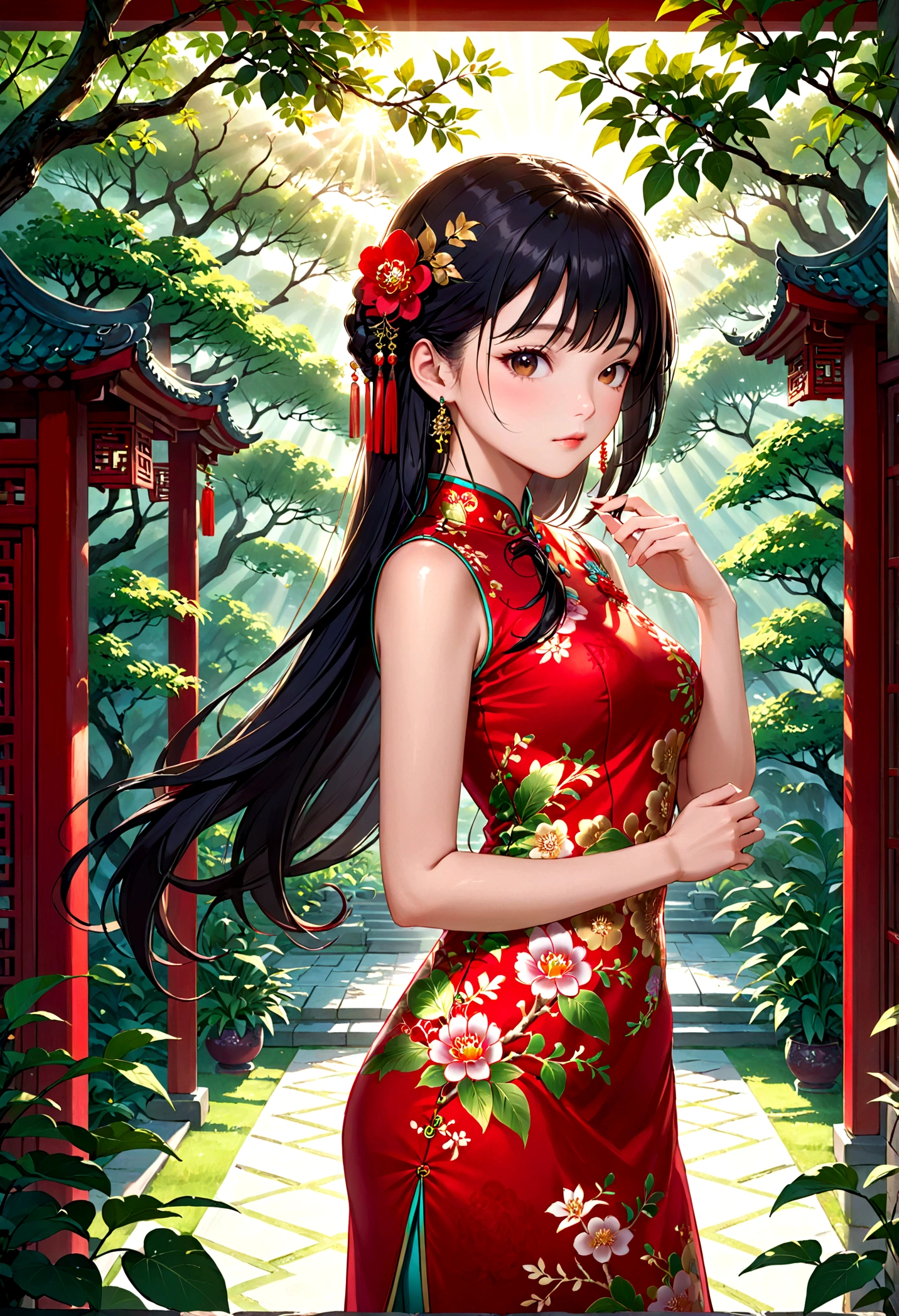 1girl, Cheongsam, Qipao, A woman wearing a beautiful red cheongsam, long black hair, elegant, graceful pose, detailed facial features, glowing skin, ornate jewelry, outdoor garden setting, sunlight filtering through trees, lush greenery, intricate floral patterns, cinematic lighting, highly detailed, 8k, masterpiece, best quality, very aesthetic, absurdres