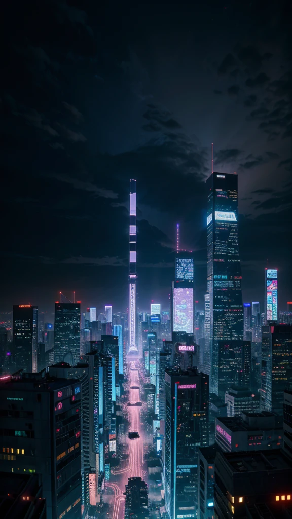 panoramic image of cyberpunk city, detalles altos, neon lights blue and purple, the highest resolution, 8k, colores neones,