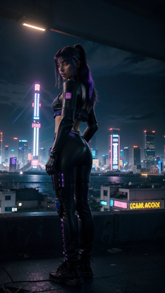 Cyberpunk woman kneeling on the ground, from behind,