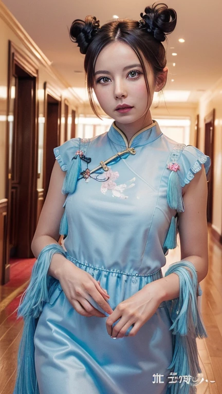 becky, (high quality, High resolution:1.2), (Realistic:1.4), (1 Girl:1), Traditional Chinese Dresses,  (Charming monkey:1), (((Double Buns))), Refer your audience, Lesbians all over, palace, corridor, ((Fringe cover)), Blunt bangs, Small breasts